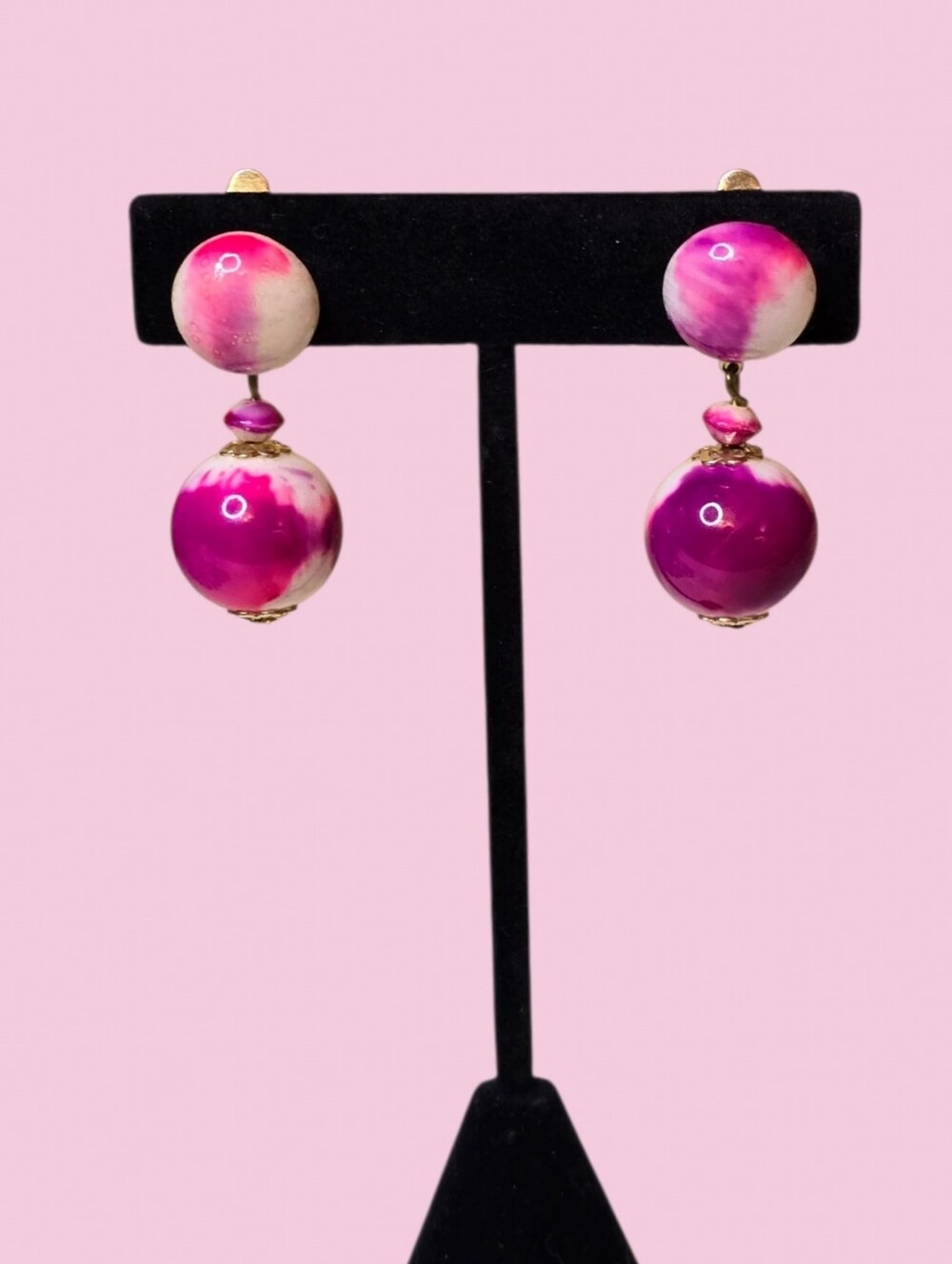 Hong Kong Vintage Pink And White Marbled Lucite  Clip-On Earrings